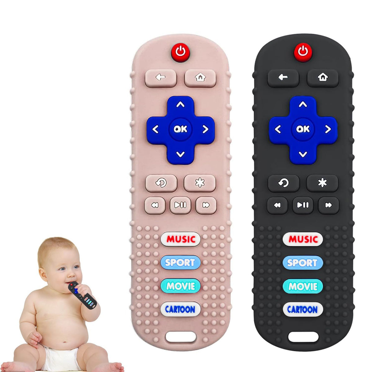 SOLIFEGOBLE remote teether front with buttons for playful chewing and visual appeal.