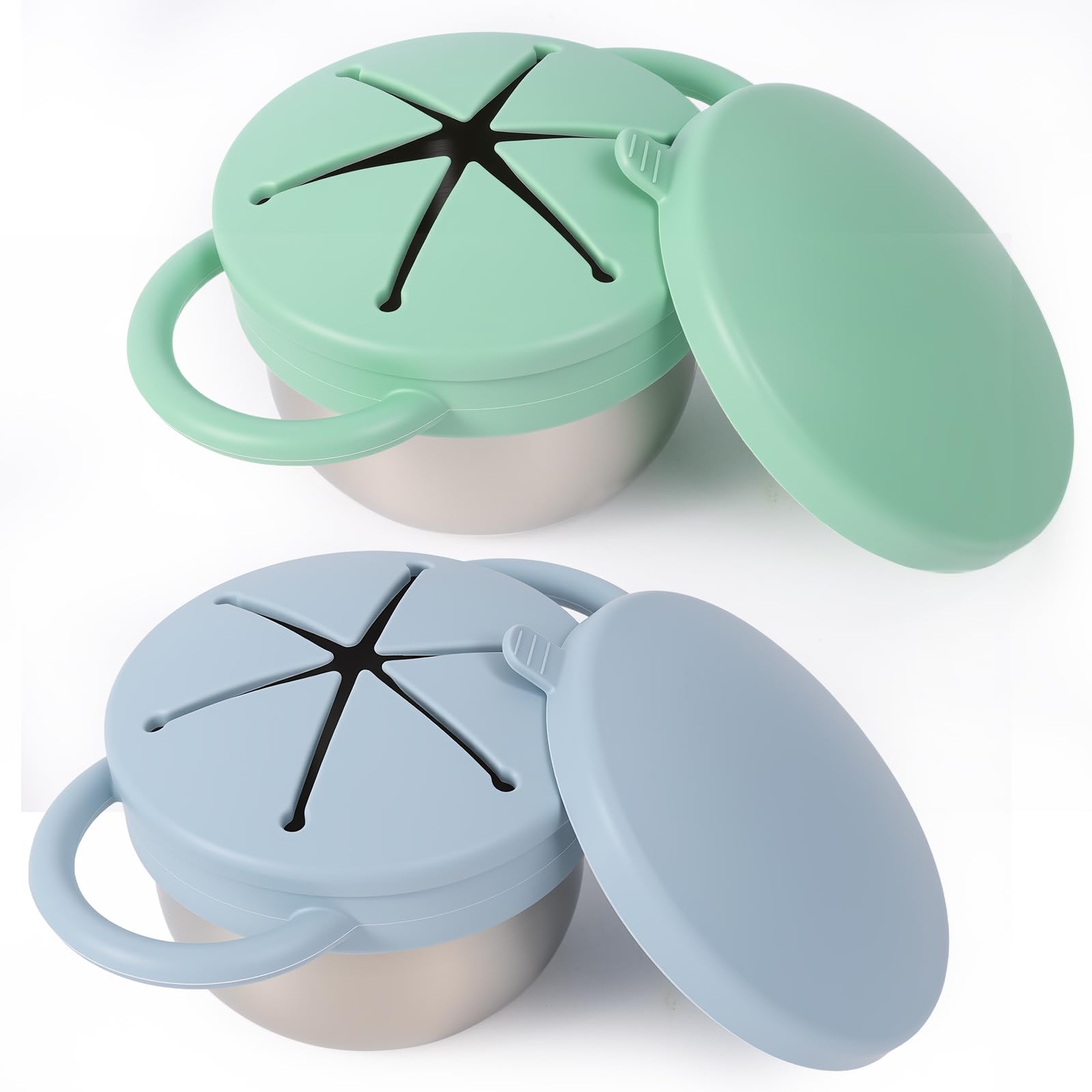 Solinfant stainless steel snack cup with spill-proof design for mess-free snacking.