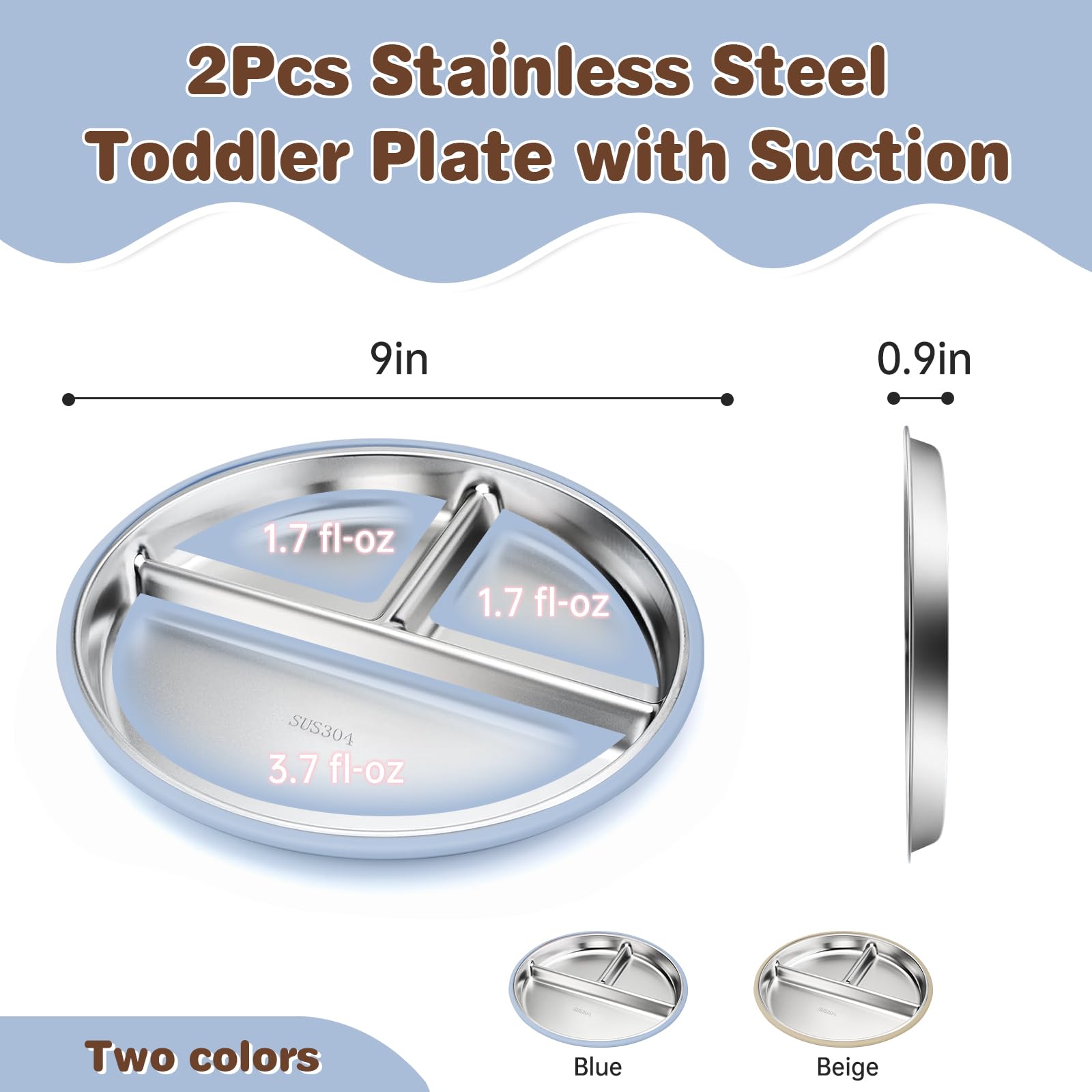 Solldgt stainless steel kids plate with beige suction base prevents spills during self-feeding.