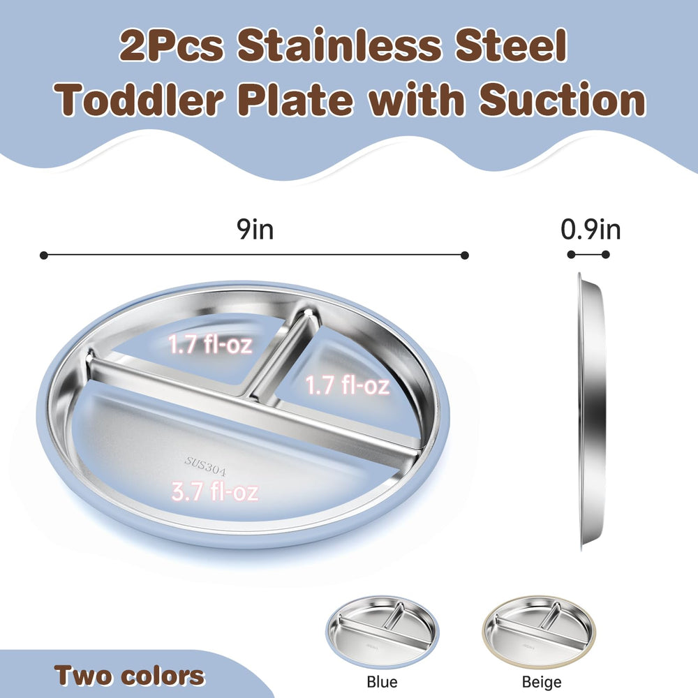Solldgt stainless steel kids plate with beige suction base prevents spills during self-feeding.