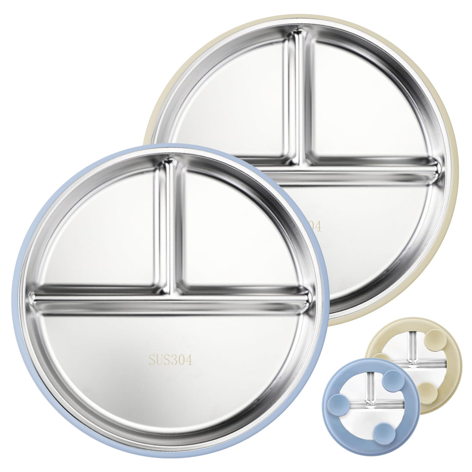 Solldgt stainless steel kids plate with blue suction base keeps meals in place.