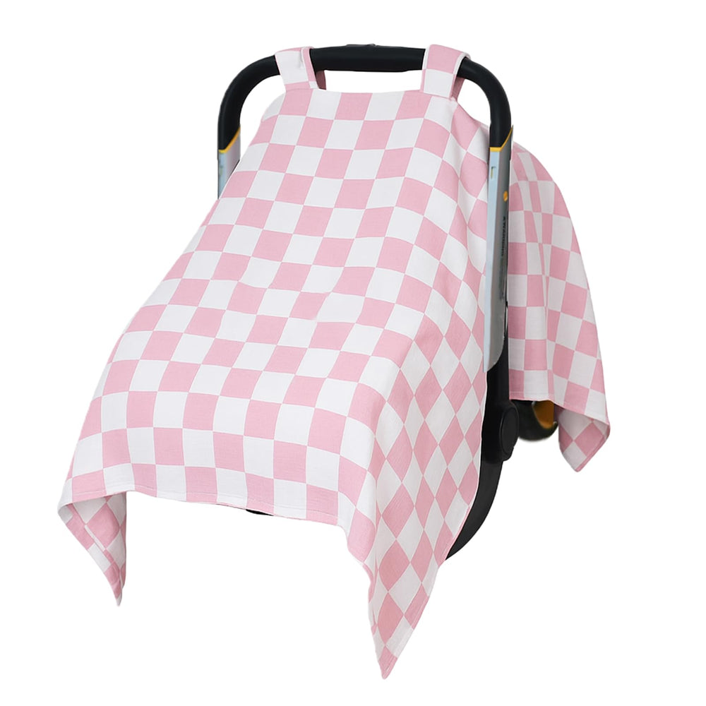 SolTourne muslin car-seat cover in pink plaid provides breathable sun protection for babies