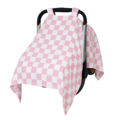 SolTourne muslin car-seat cover in pink plaid provides breathable sun protection for babies