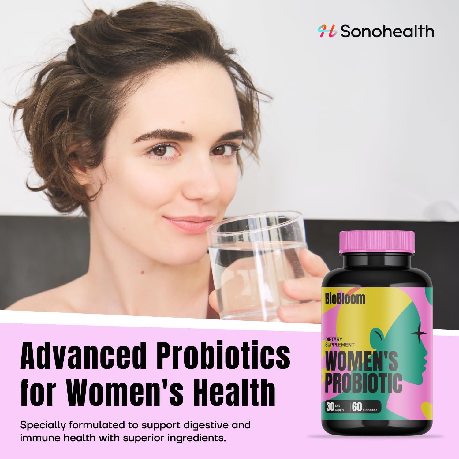 Lactobacillus component illustration emphasizes vaginal flora balance.