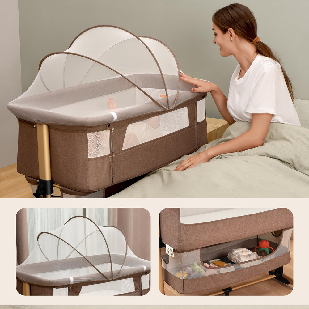 Soobaby crib height adjustment showing alignment with adult bed