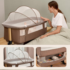 Soobaby crib height adjustment showing alignment with adult bed