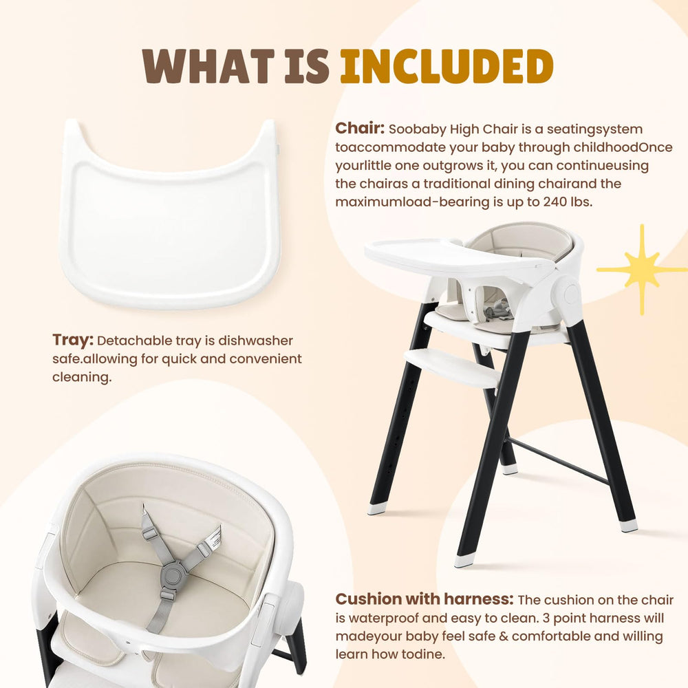 Soobaby high chair supports up to 210 lbs for growing children.