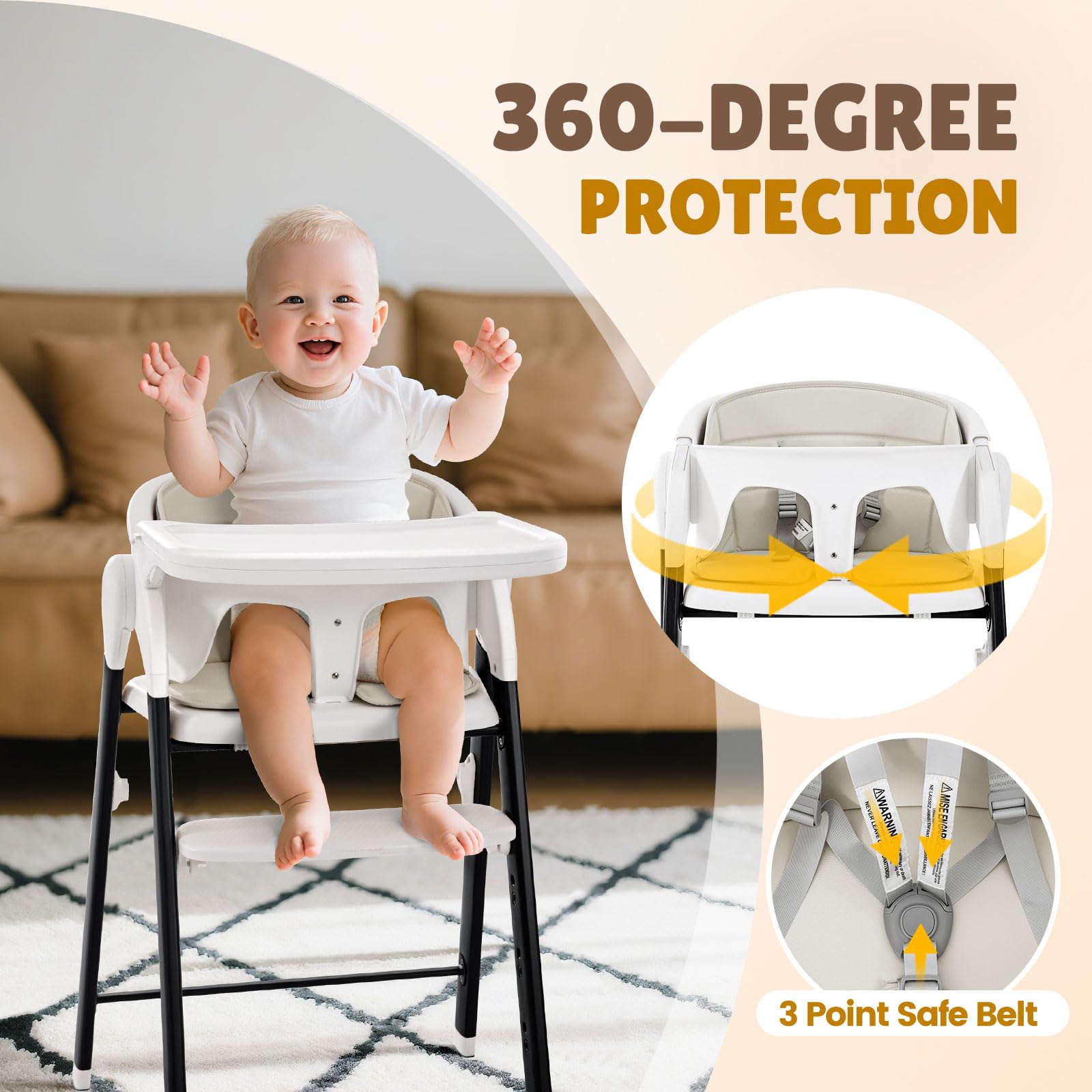 Soobaby high chair with adjustable height and 5-point harness for security.
