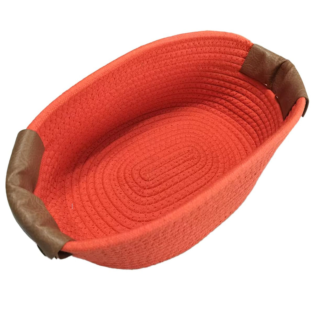 SOORXIEIN medium cotton woven basket with PU leather handle for durable storage.