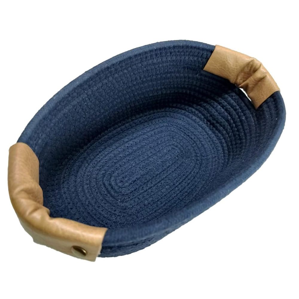 SOORXIEIN small cotton woven basket navy with PU leather handle for neat storage