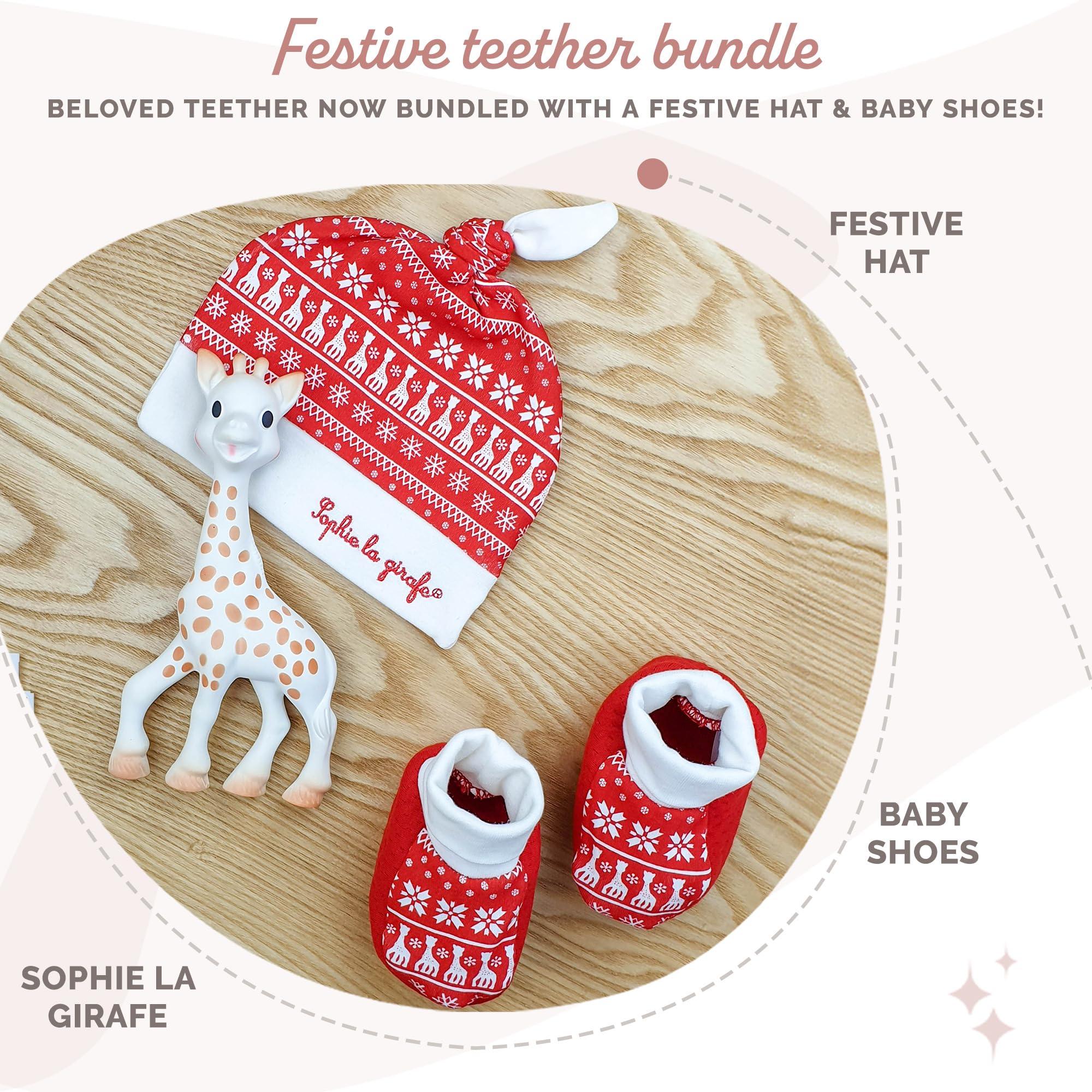 Sophie la girafe Christmas cap protecting baby during chilly days