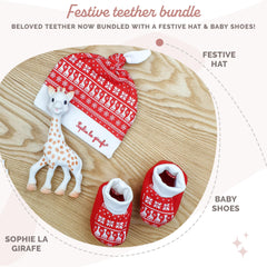 Sophie la girafe Christmas cap protecting baby during chilly days