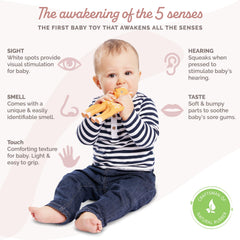 Fanfan teether close-up showing dark spots for visual stimulation.