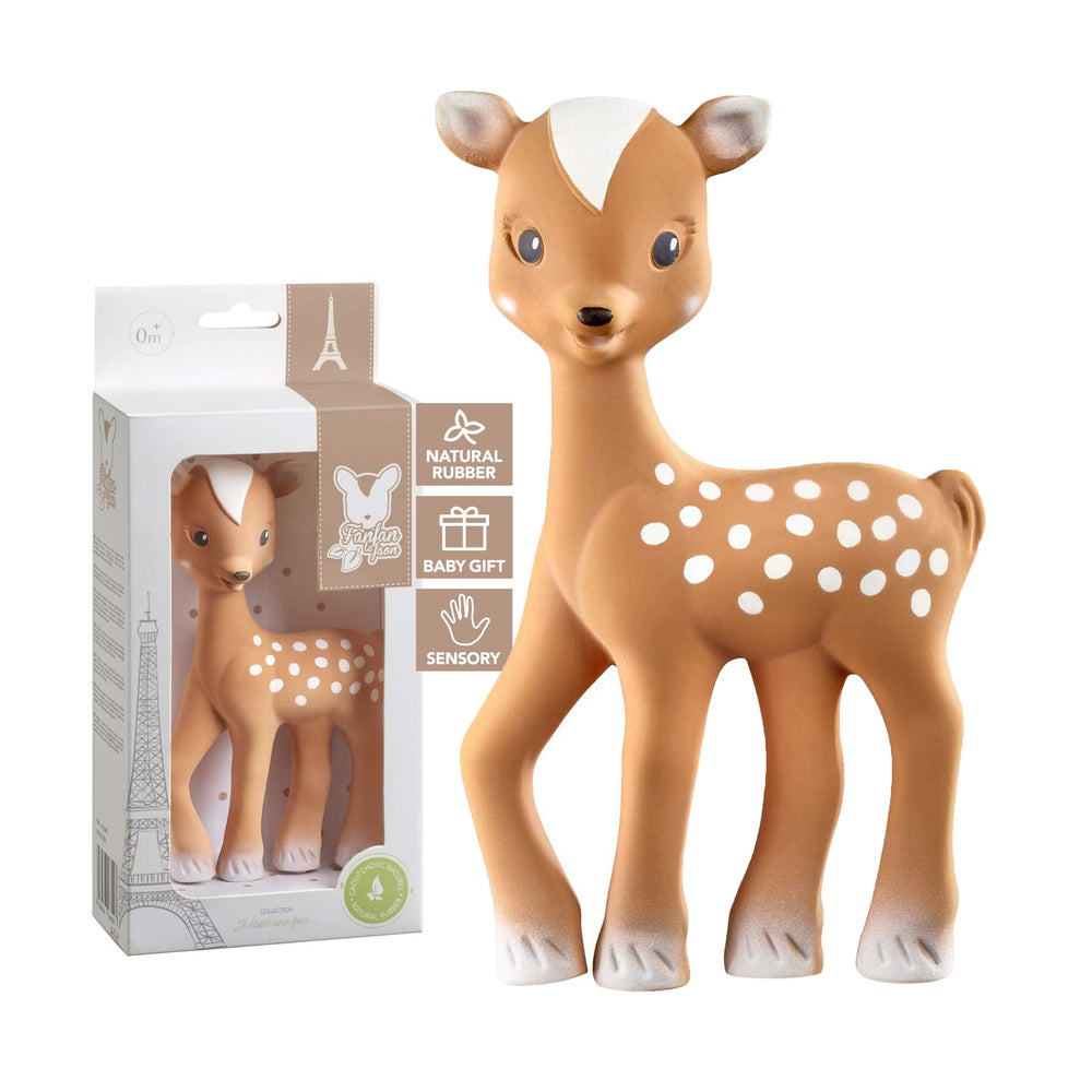 Sophie la girafe Fanfan teether in natural rubber for gentle teething.
