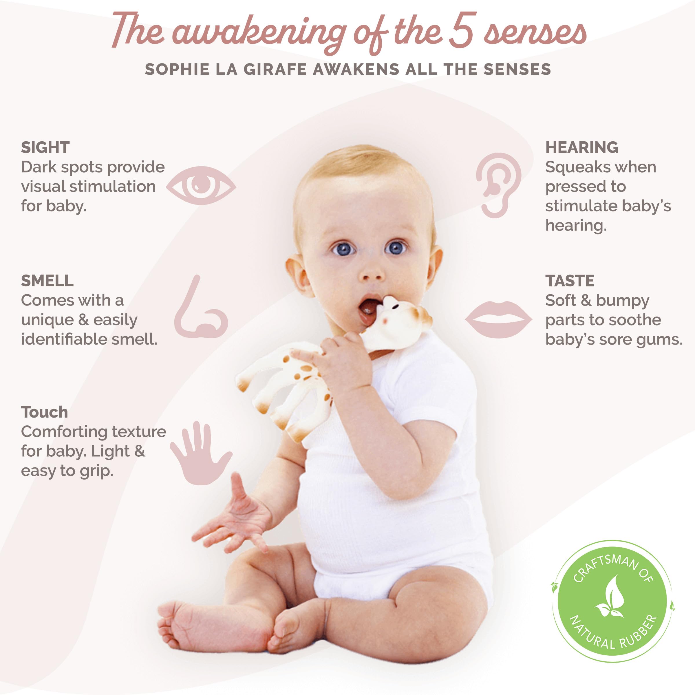 Close-up of Sophie la girafe teether reveals natural rubber craftsmanship and chew-friendly design