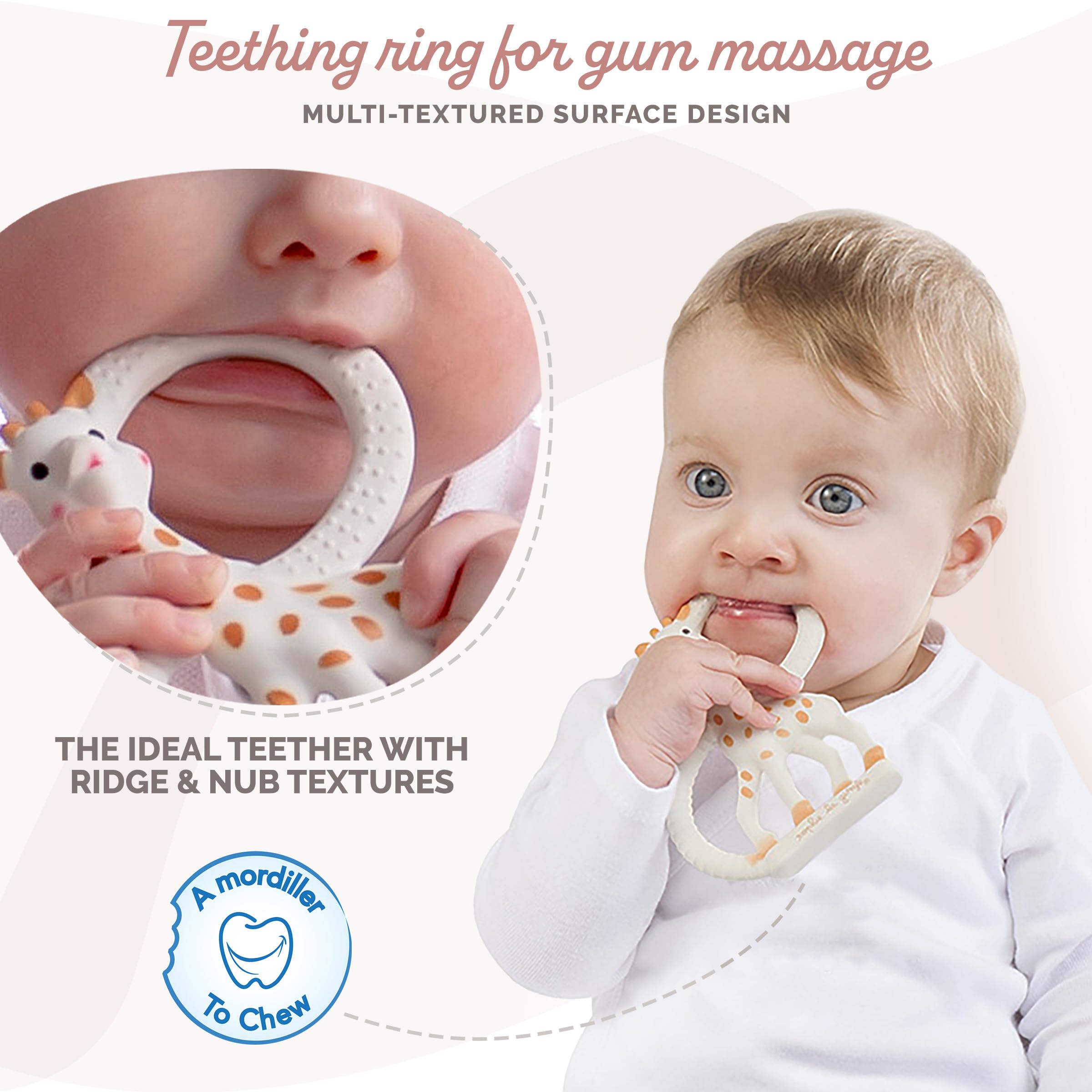 Sophie la girafe teething ring with multi-textured surface for gum massage.