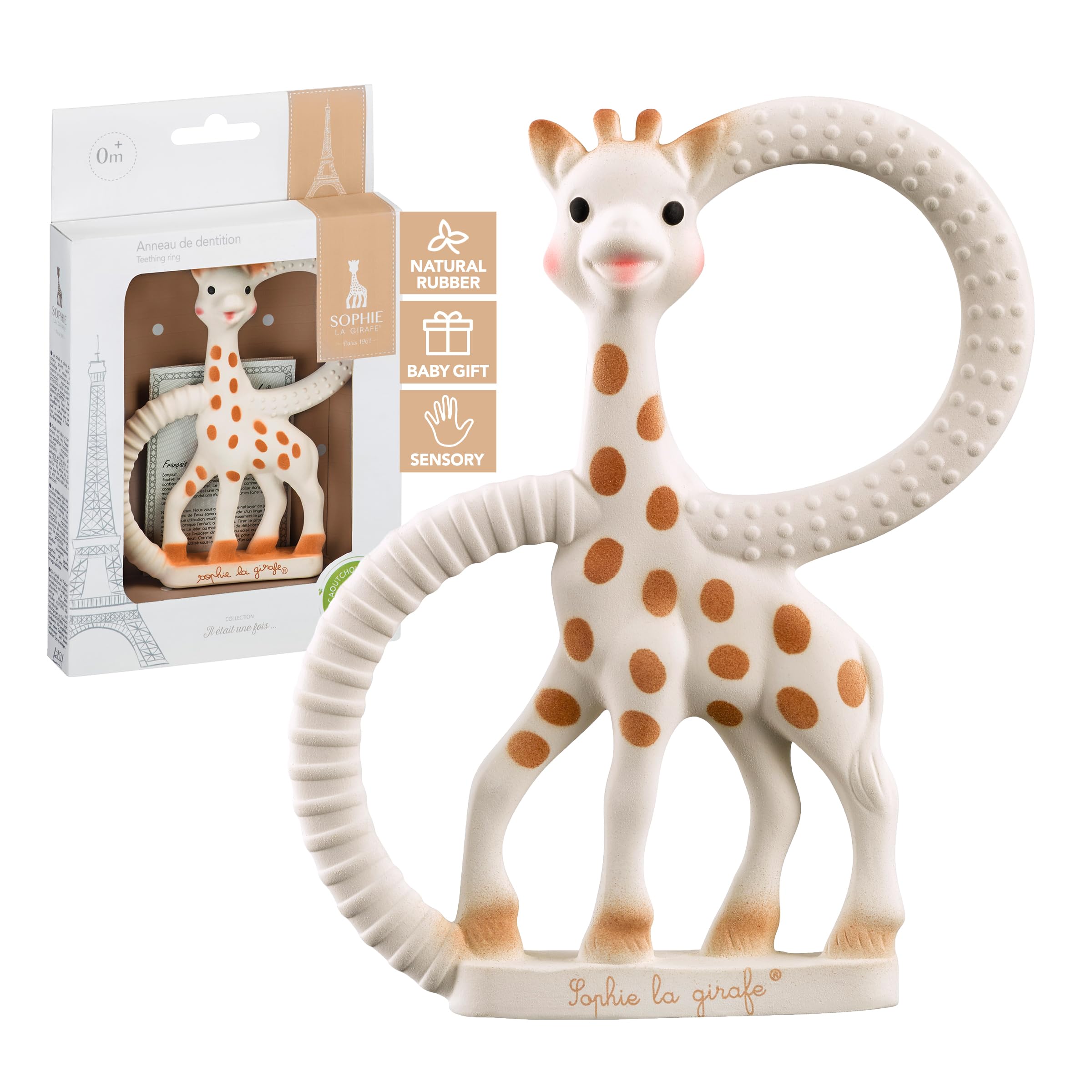 Sophie la girafe teething ring in natural rubber helps soothe gums.