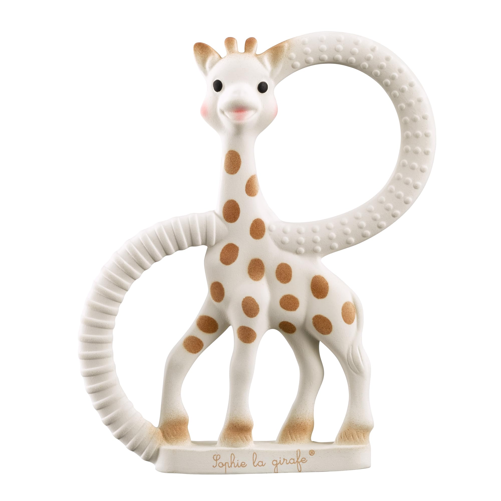 Rounded nubs on Sophie la girafe soothe sore gums during teething.