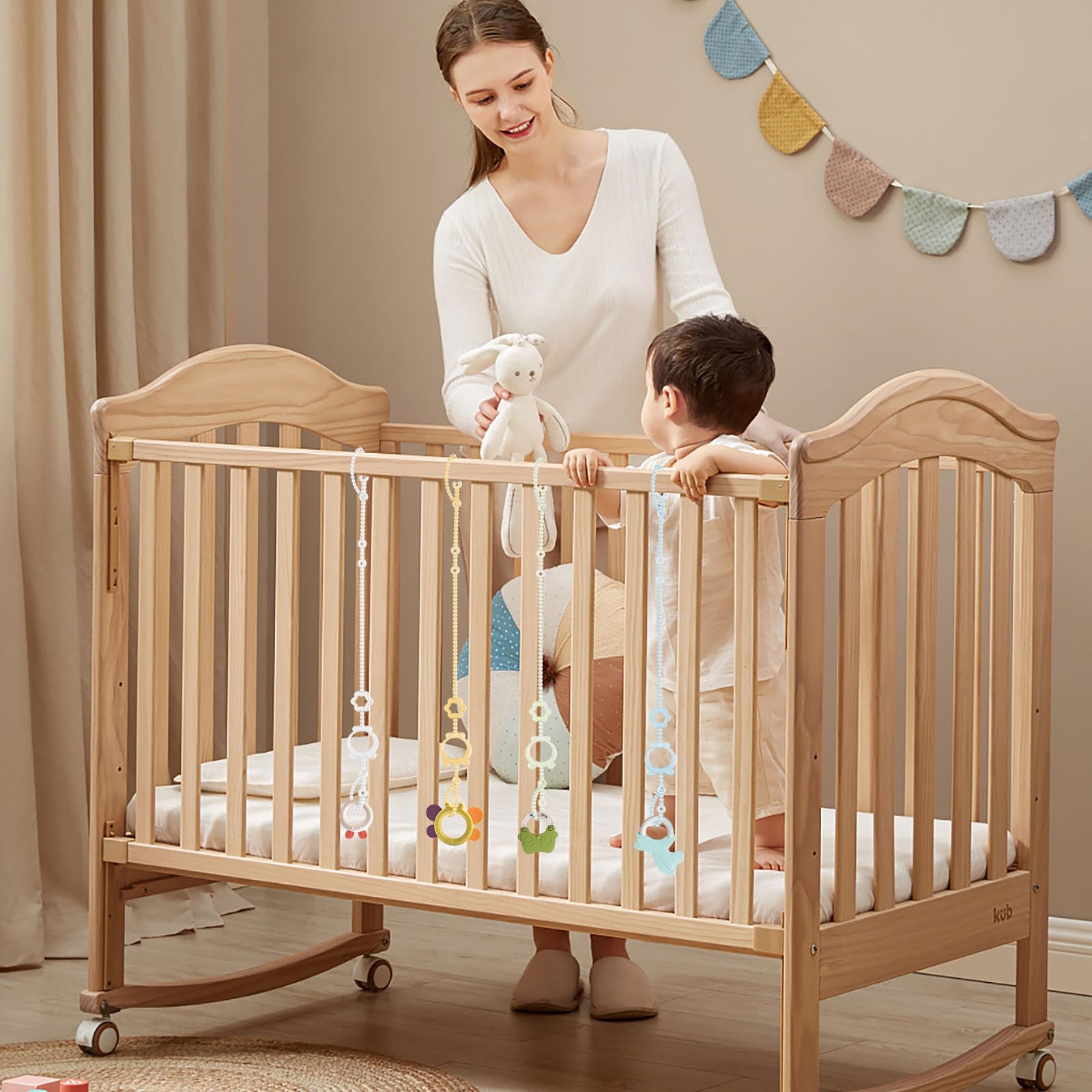 SOPKDEY Silicone tether is easy to clean on a crib or stroller.