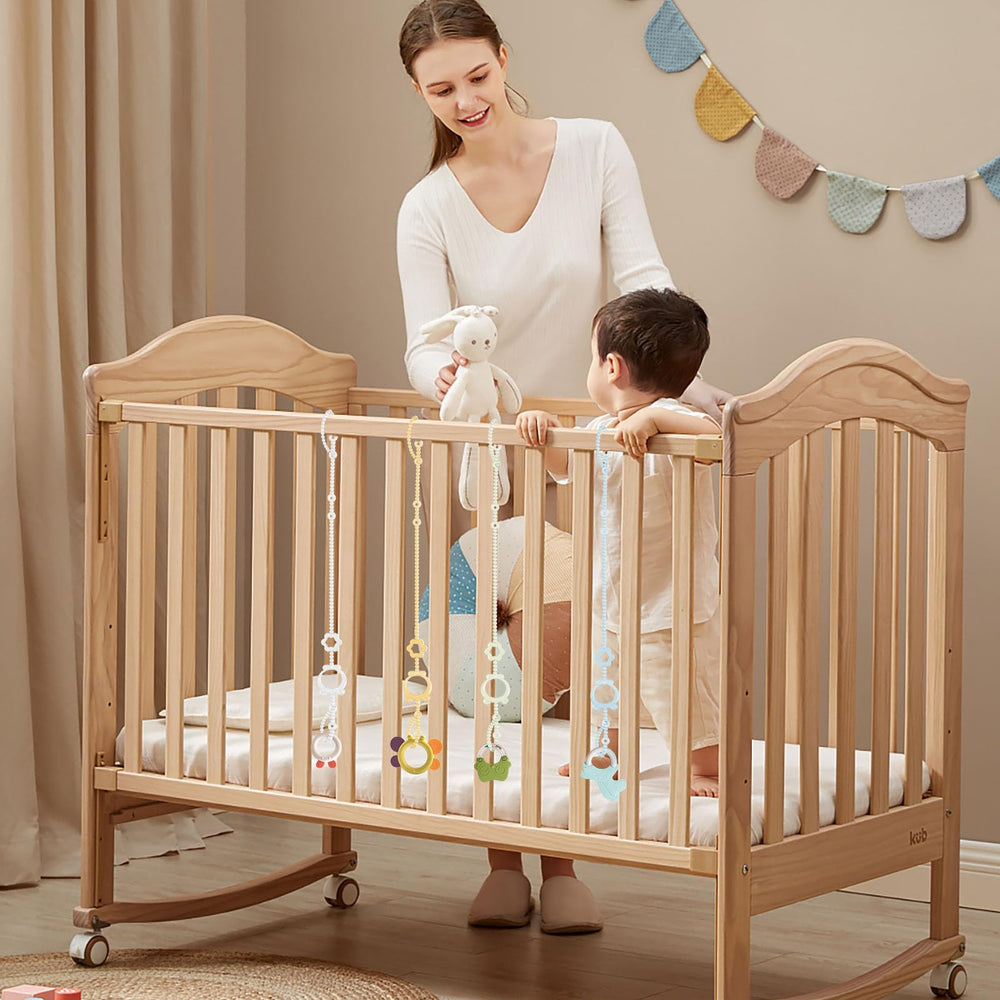 SOPKDEY Silicone tether is easy to clean on a crib or stroller.