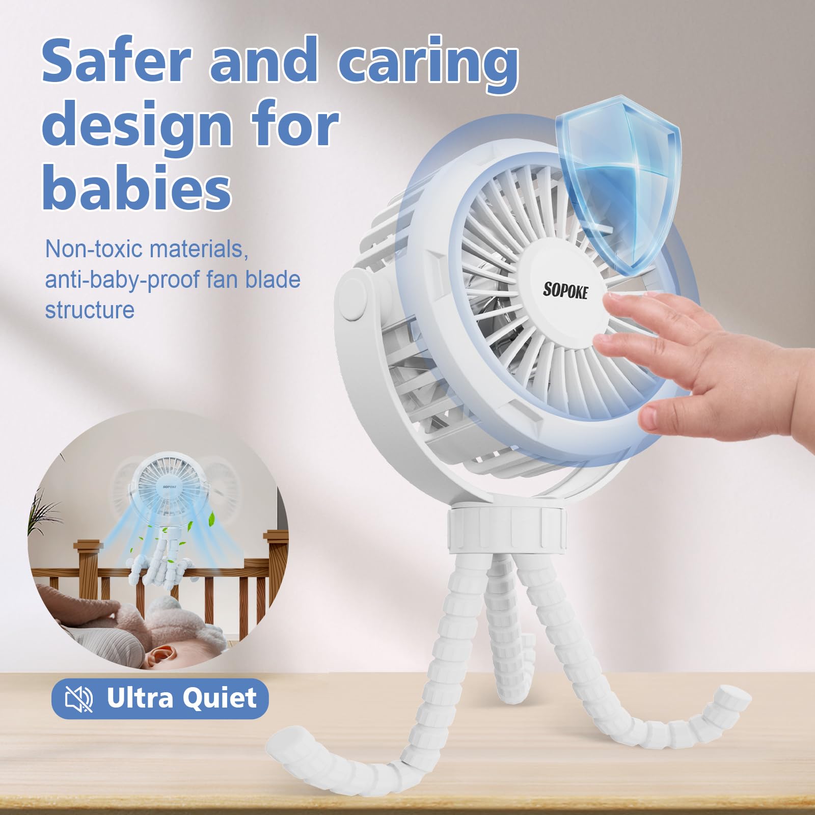 SOPOKE's brushless motor provides strong wind with low noise for quiet naps.