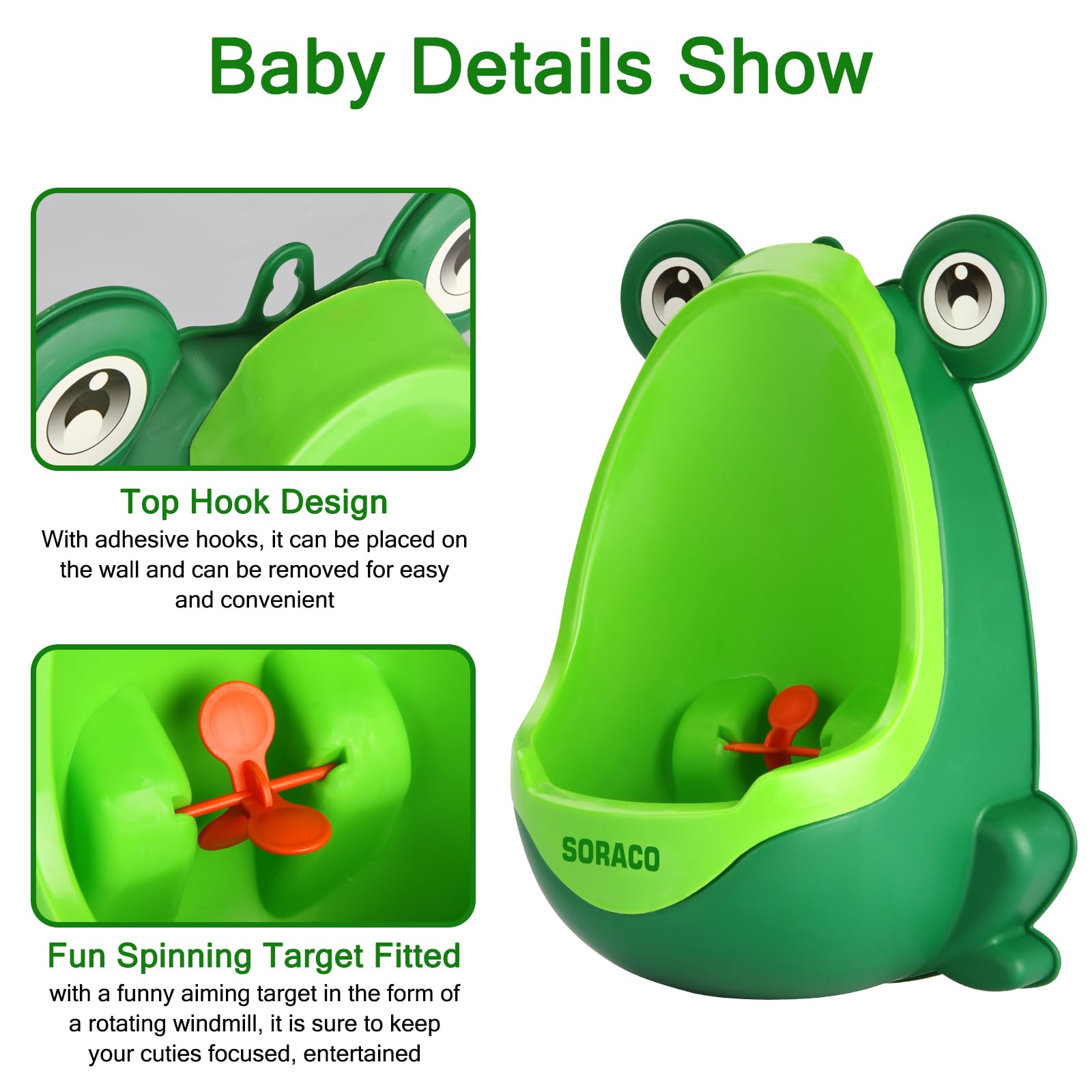 Soraco green frog potty measures 12.2 x 8.7 x 6.7 inches