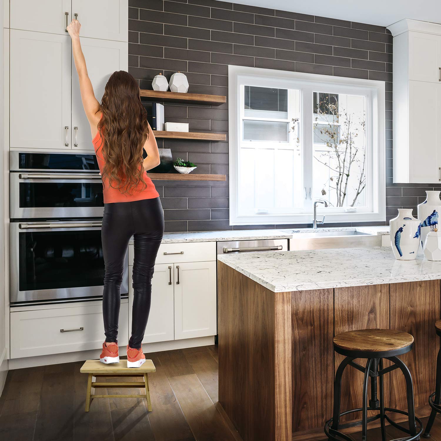 Sorbus Bamboo Step Stool dimensions emphasize compact indoor height for counters and sinks