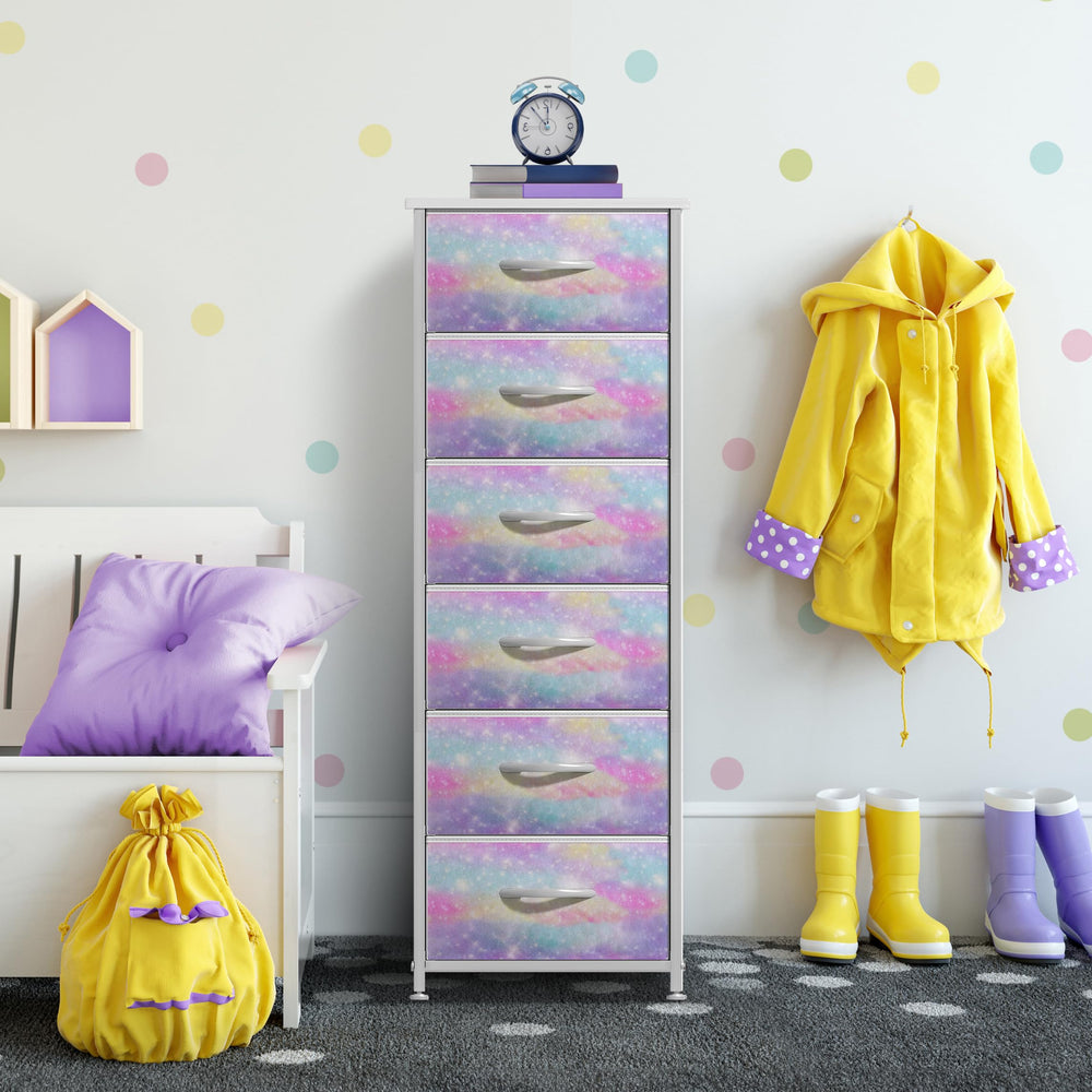 Bedroom scene with Sorbus aqua dresser as a versatile storage unit.