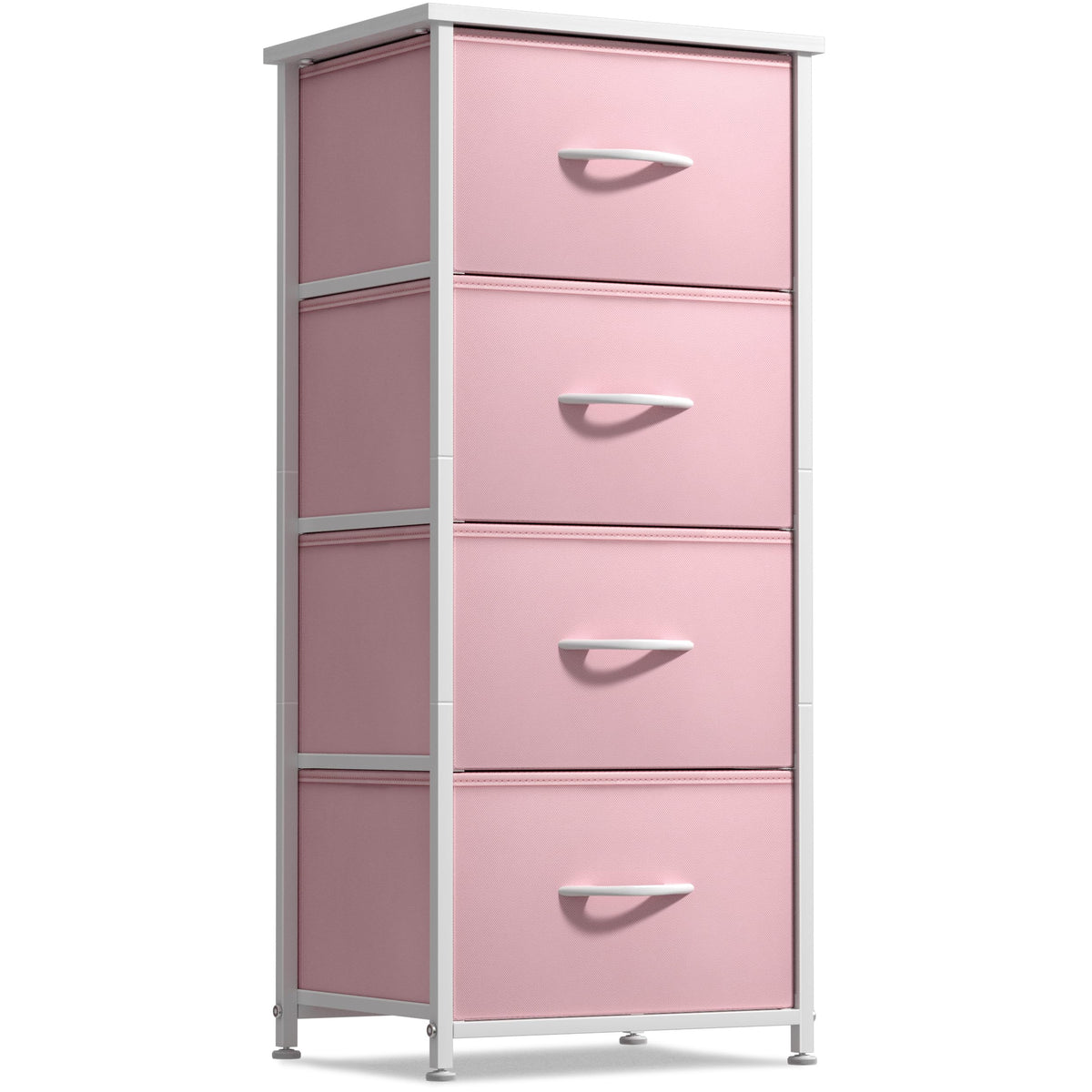 Sorbus Dresser Storage Tower pastel pink wood top provides sturdy bedside display surface