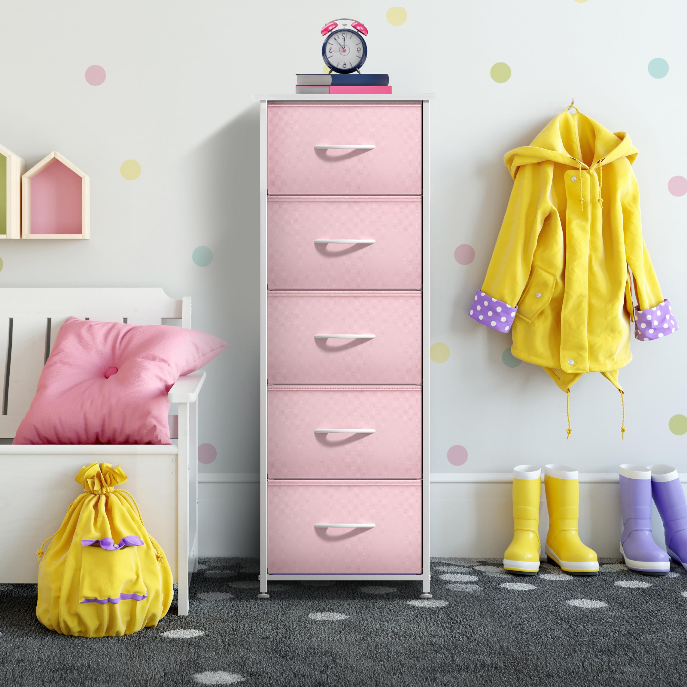 Sorbus easy-assembly dresser in pink, quick setup for bedrooms.