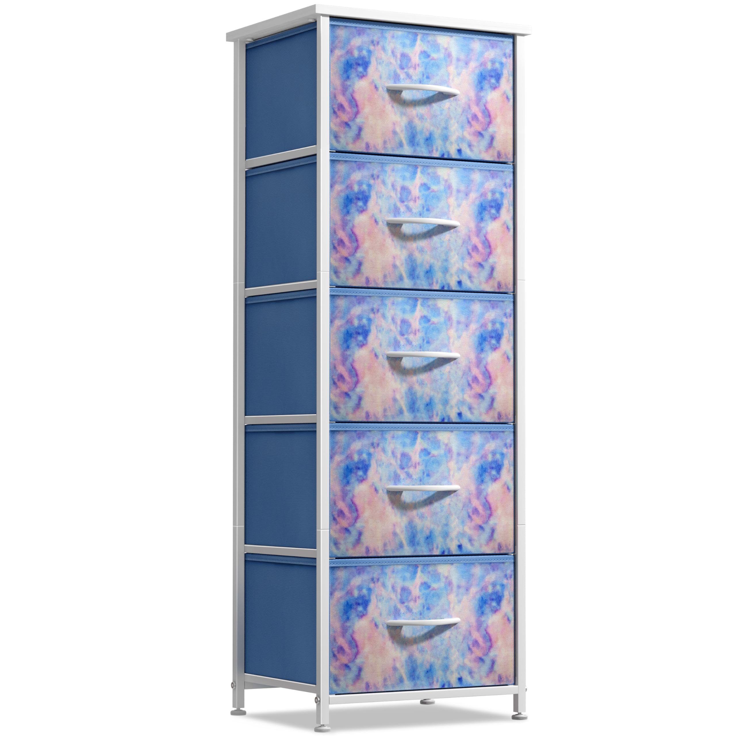 Sorbus fabric dresser with tie-dye blue drawers offers organized storage for toys and clothes.