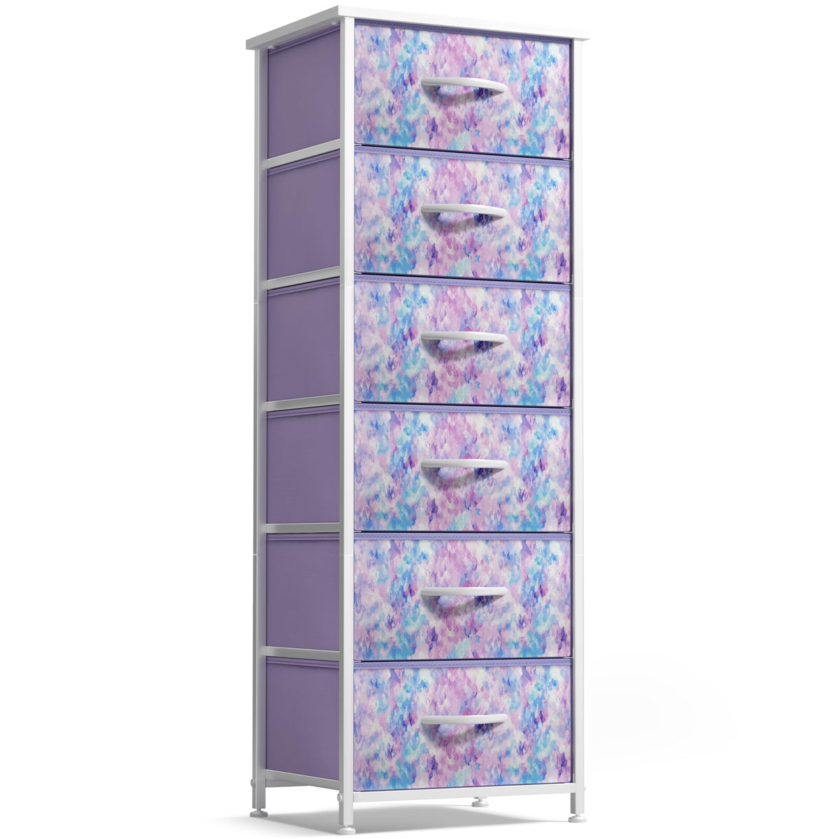 Sorbus Fabric Dresser with 6 drawers and wood top keeps kids’ clothes organized.
