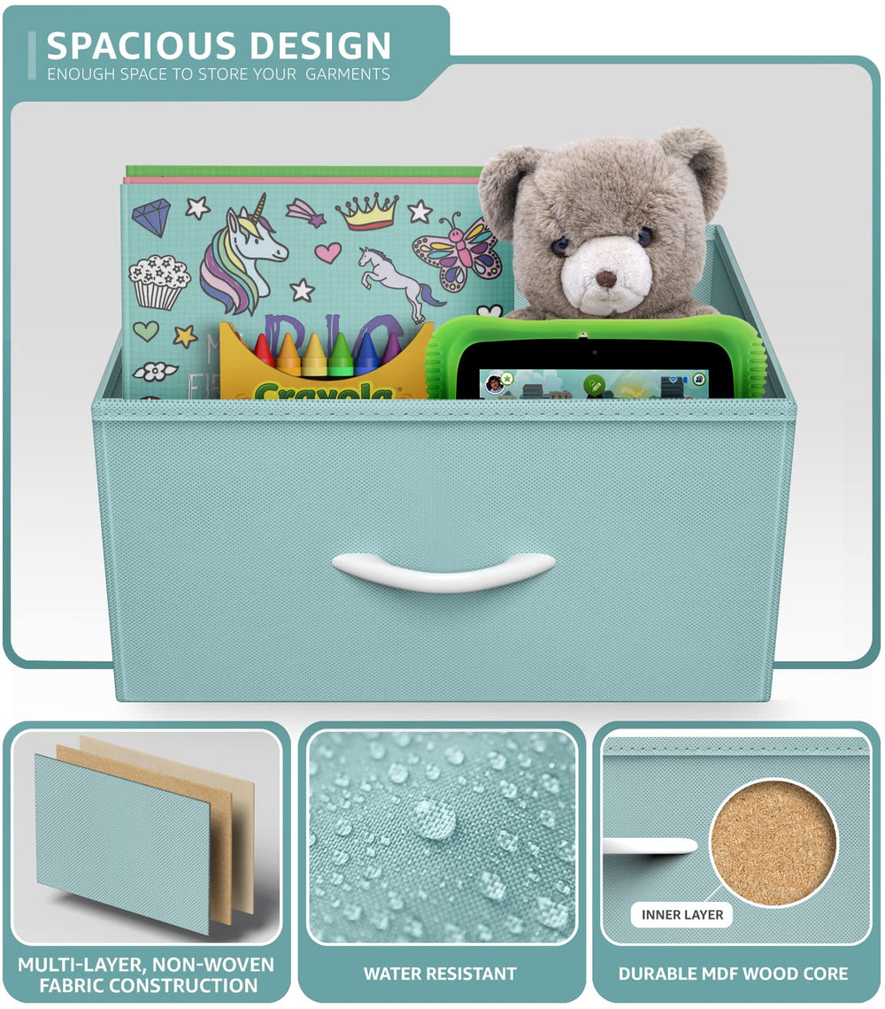 Sorbus Fabric Dresser Aqua folded drawers show storage flexibility.