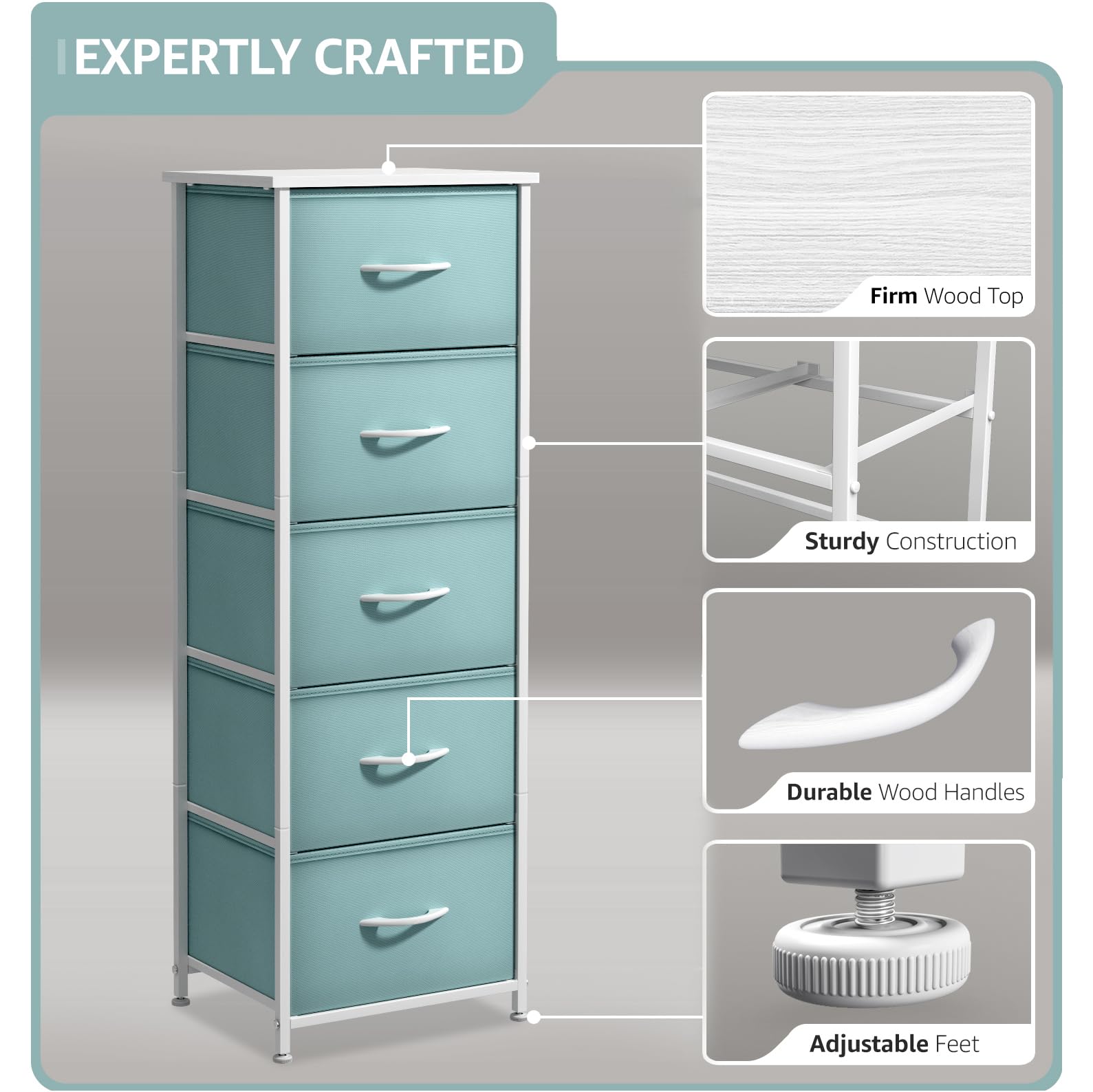 Sorbus Fabric Dresser Aqua side view highlights slim footprint for small rooms.