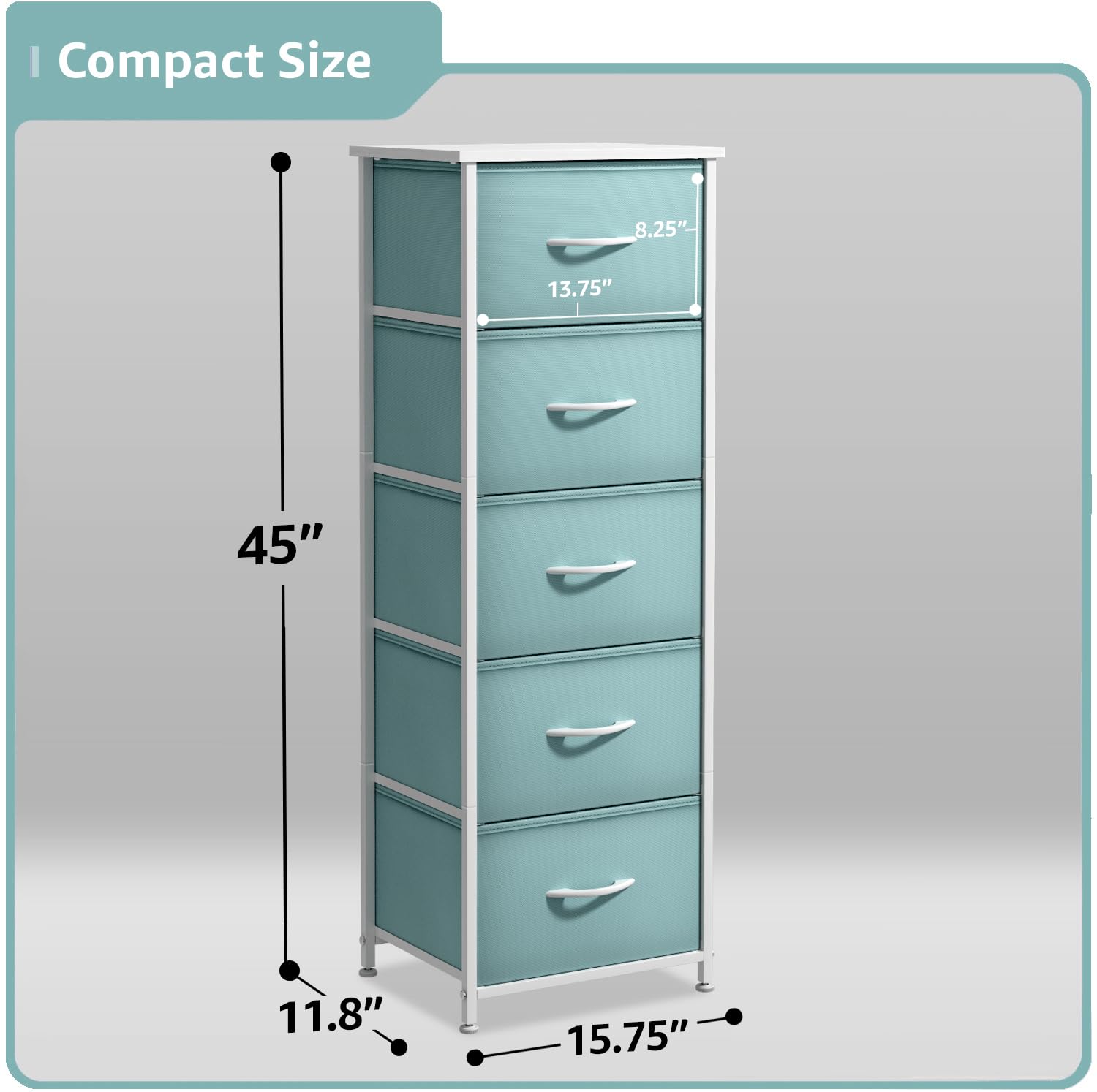 Sorbus Fabric Dresser Aqua wood top provides a sturdy display space for lamp and clock.