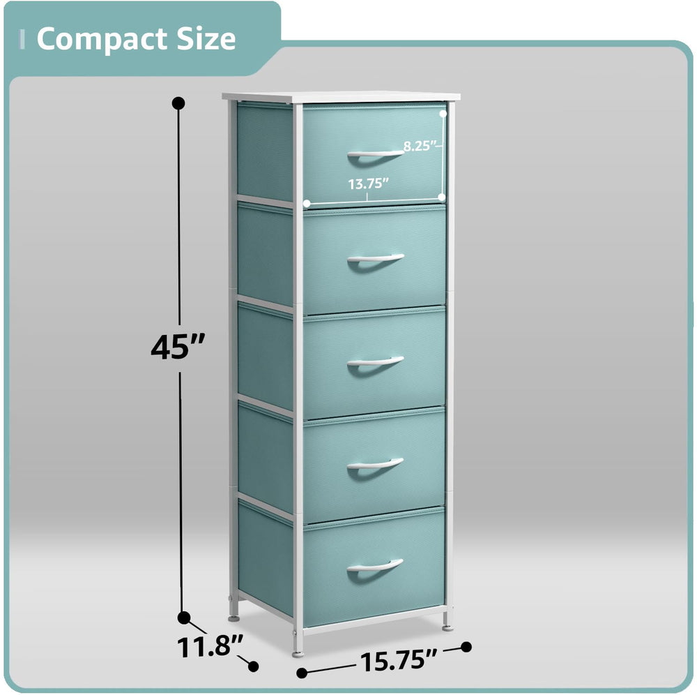 Sorbus Fabric Dresser Aqua wood top provides a sturdy display space for lamp and clock.