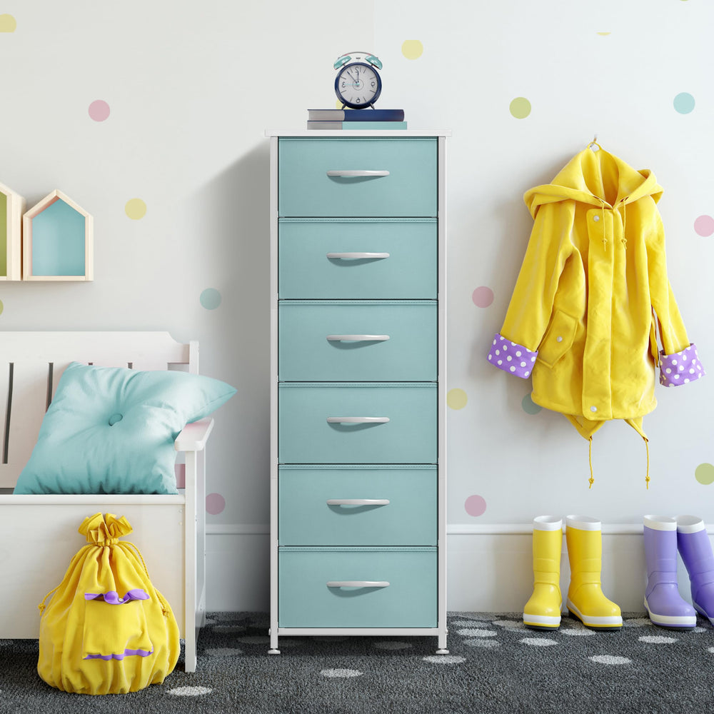 Sorbus Fabric Dresser Aqua wood top detail for easy cleaning
