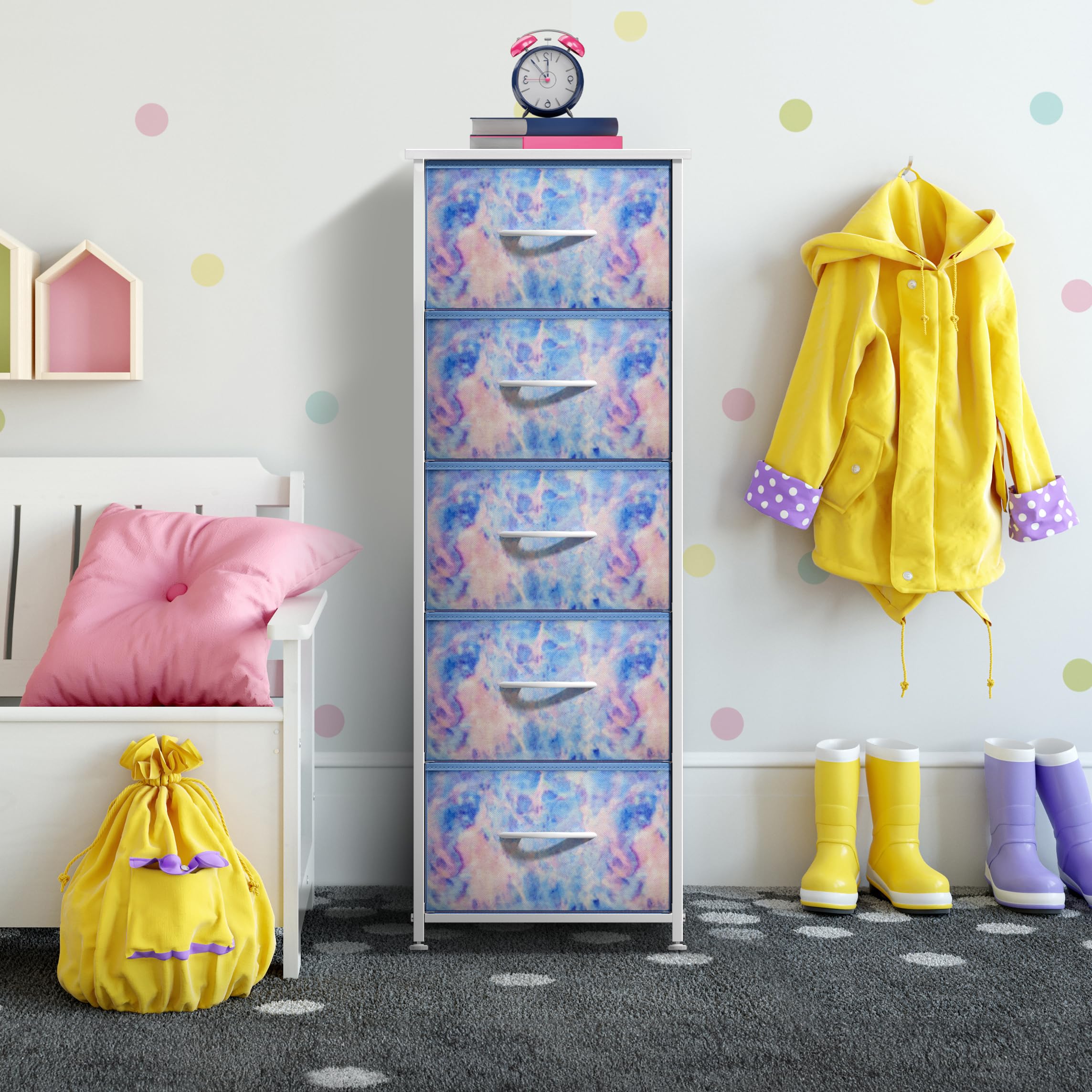 Sorbus fabric dresser with open drawers demonstrates quick access to essentials.