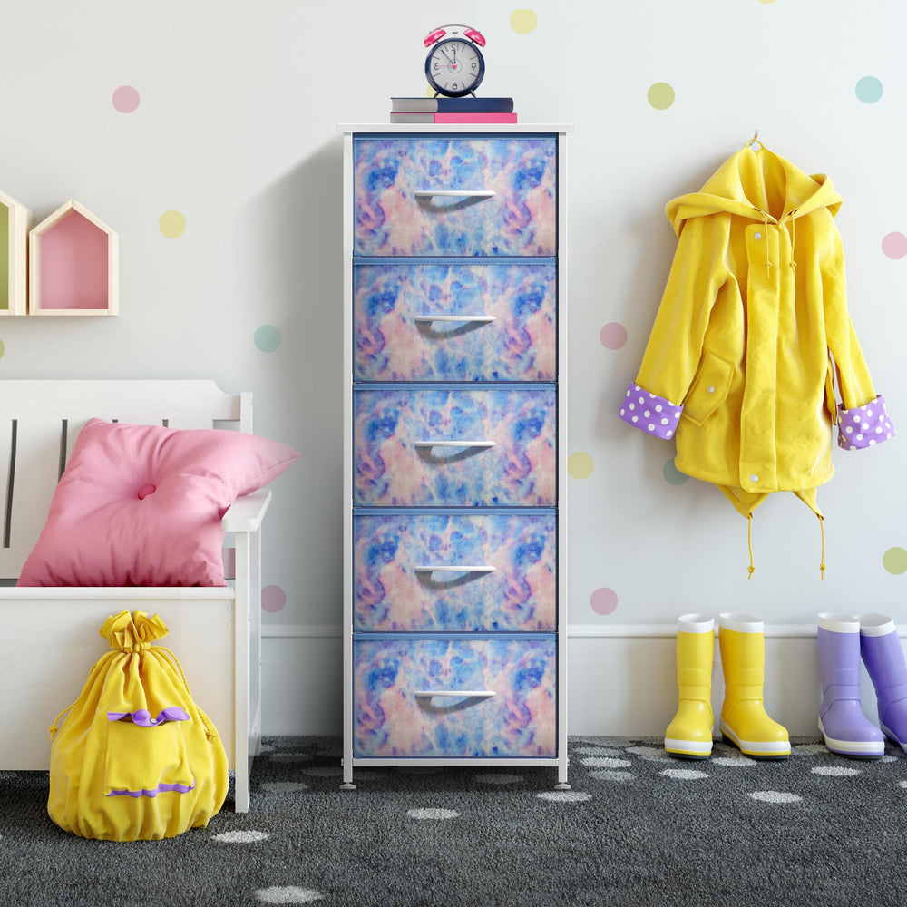 Sorbus fabric dresser with open drawers demonstrates quick access to essentials.