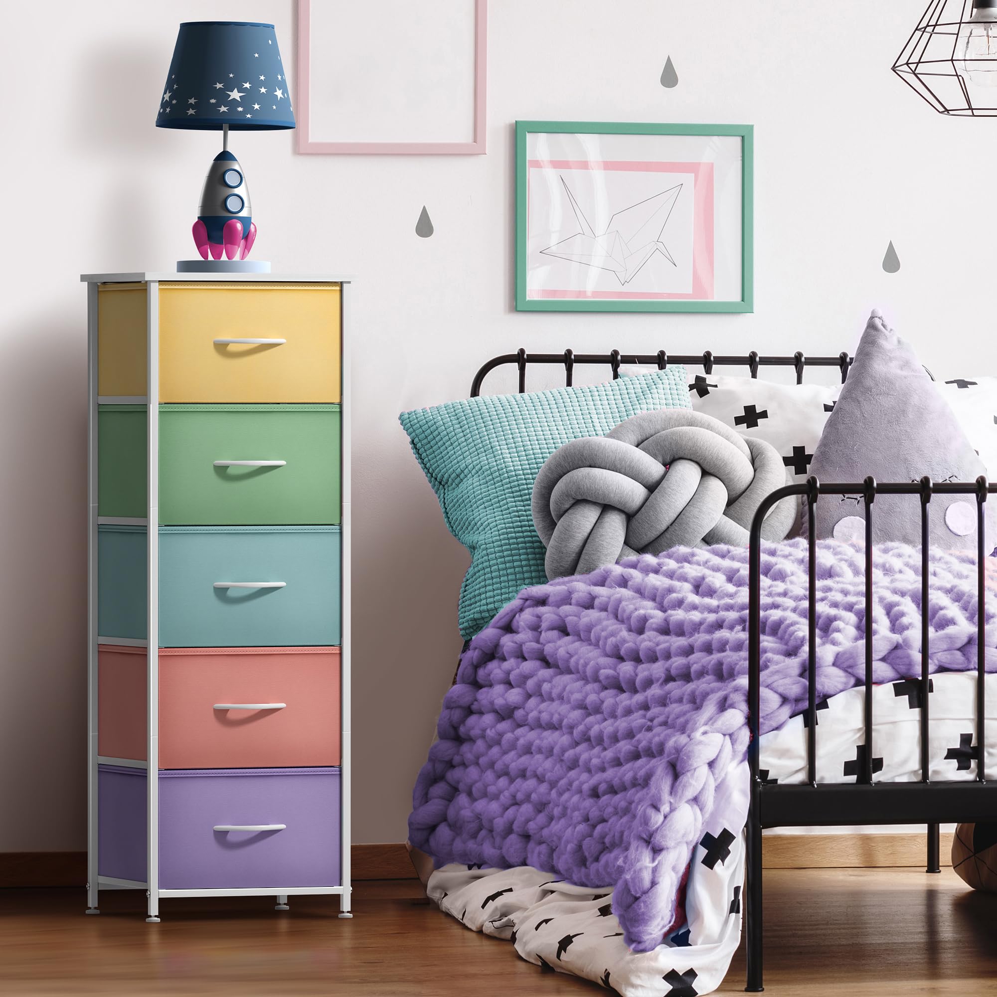 Sorbus fabric dresser with wood top ideal for lamps and decor in a kid's room.