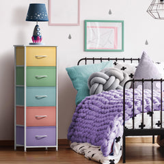 Sorbus fabric dresser with wood top ideal for lamps and decor in a kid's room.
