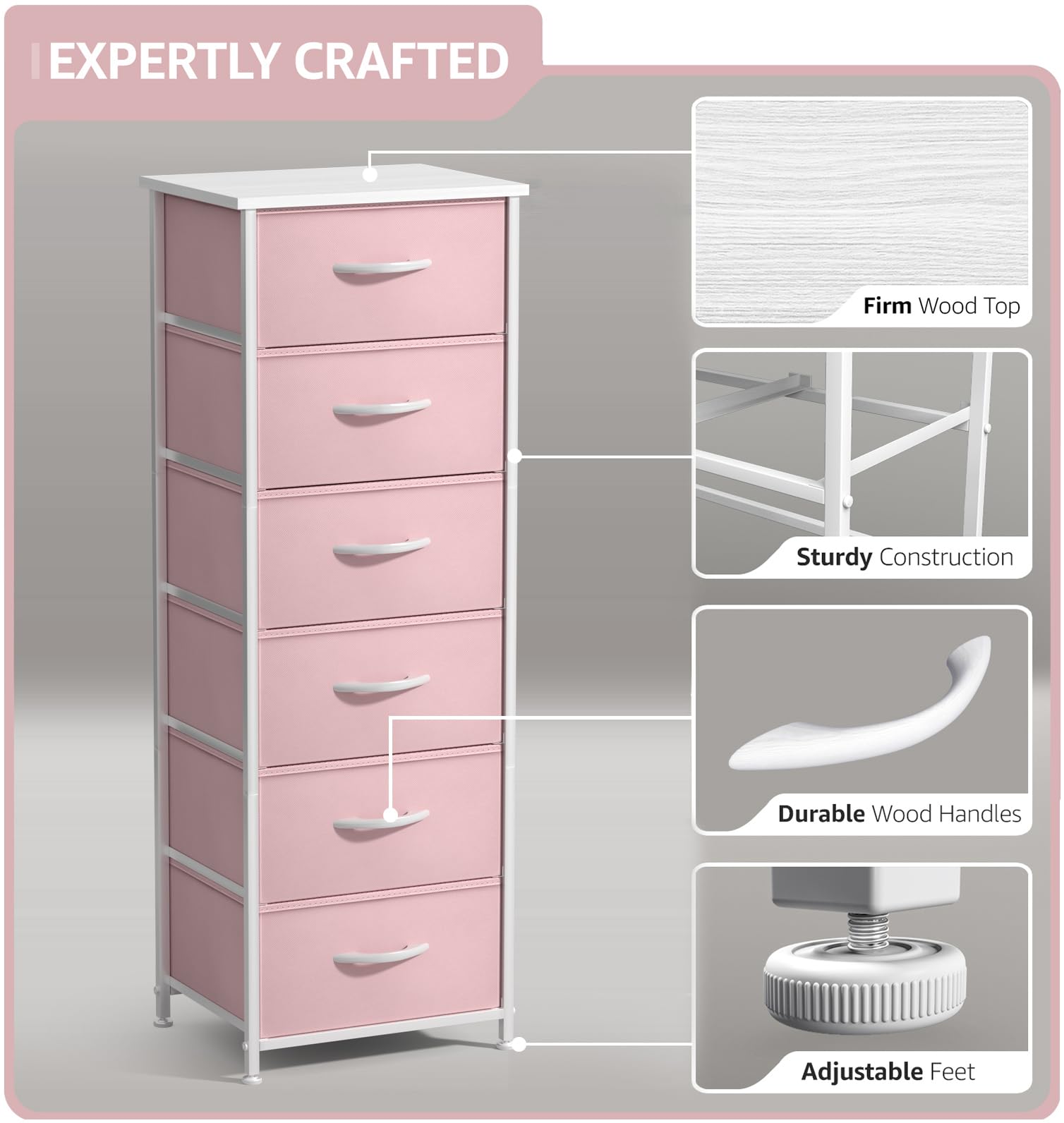 Sorbus fabric dresser pink assembly view illustrating quick, tool-light setup.