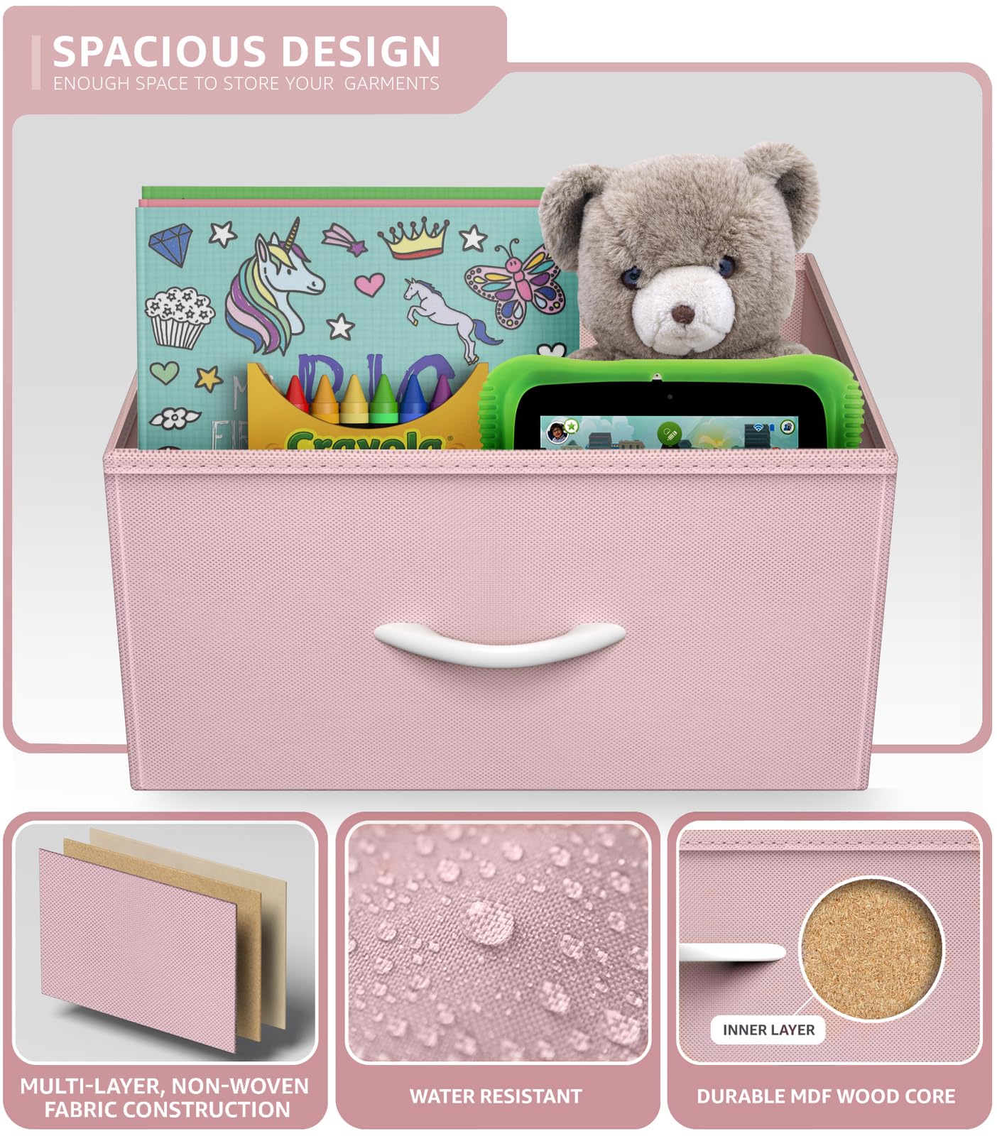 Sorbus fabric dresser pink nursery setup providing accessible storage for essentials.