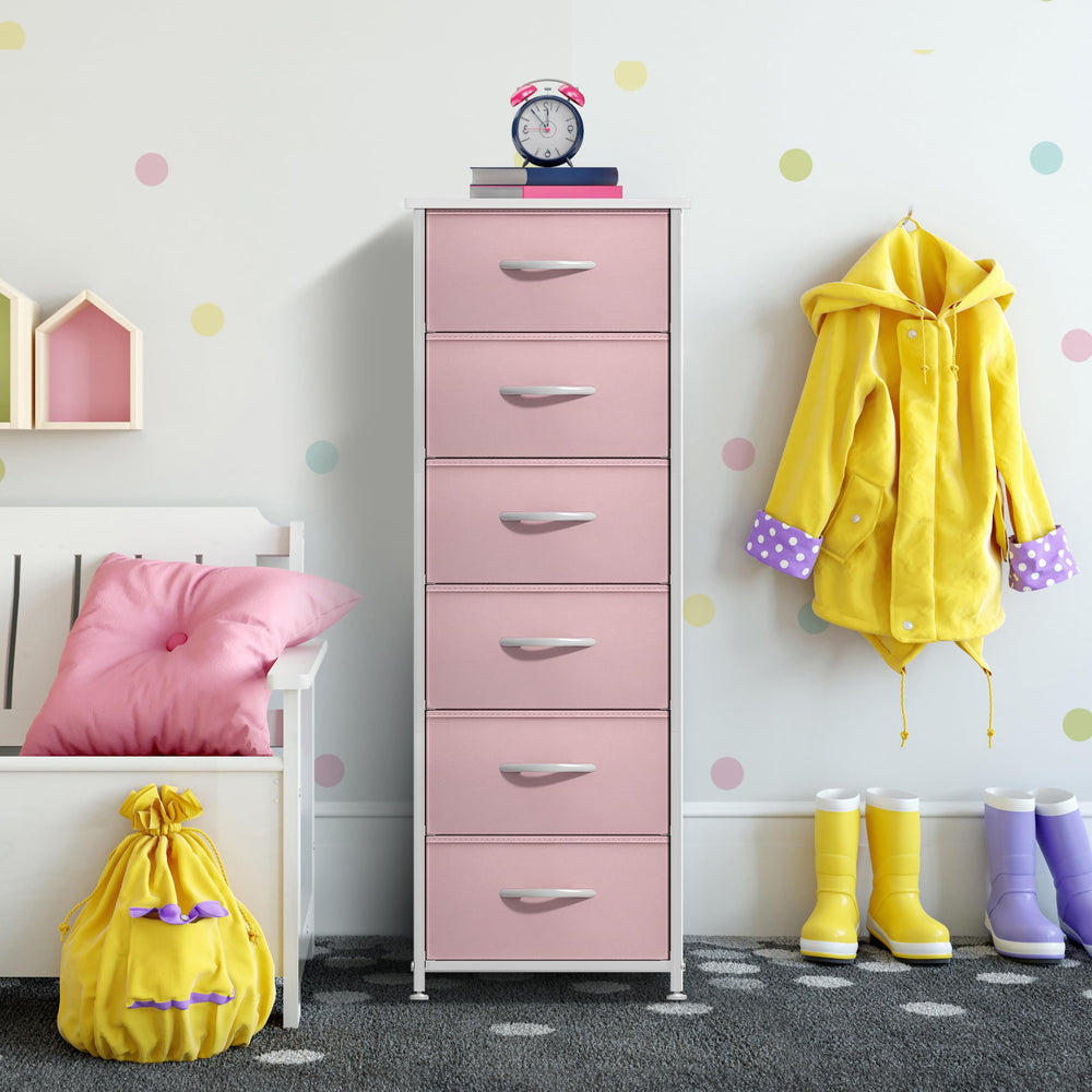 Sorbus fabric dresser pink playroom scene organized toy and clothing storage.