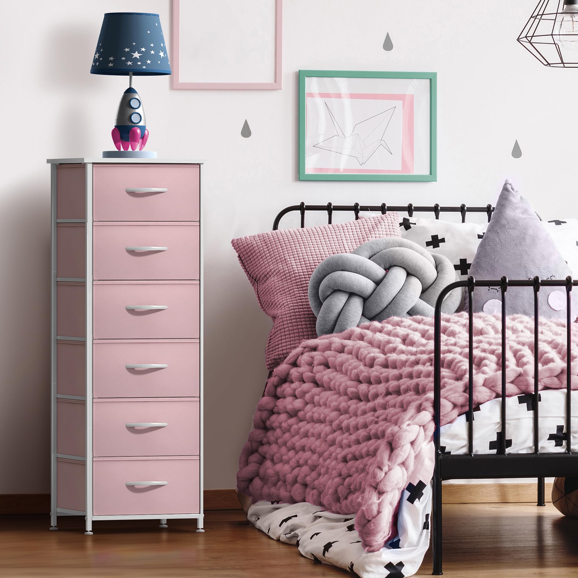 Sorbus fabric dresser pink top view highlighting wooden surface for clock, lamp, or phone.
