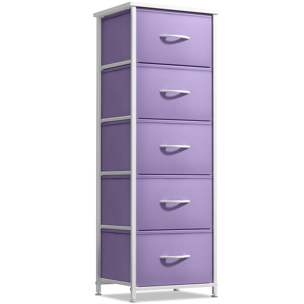 Sorbus purple fabric dresser with five drawers for organized kids’ clothing storage.