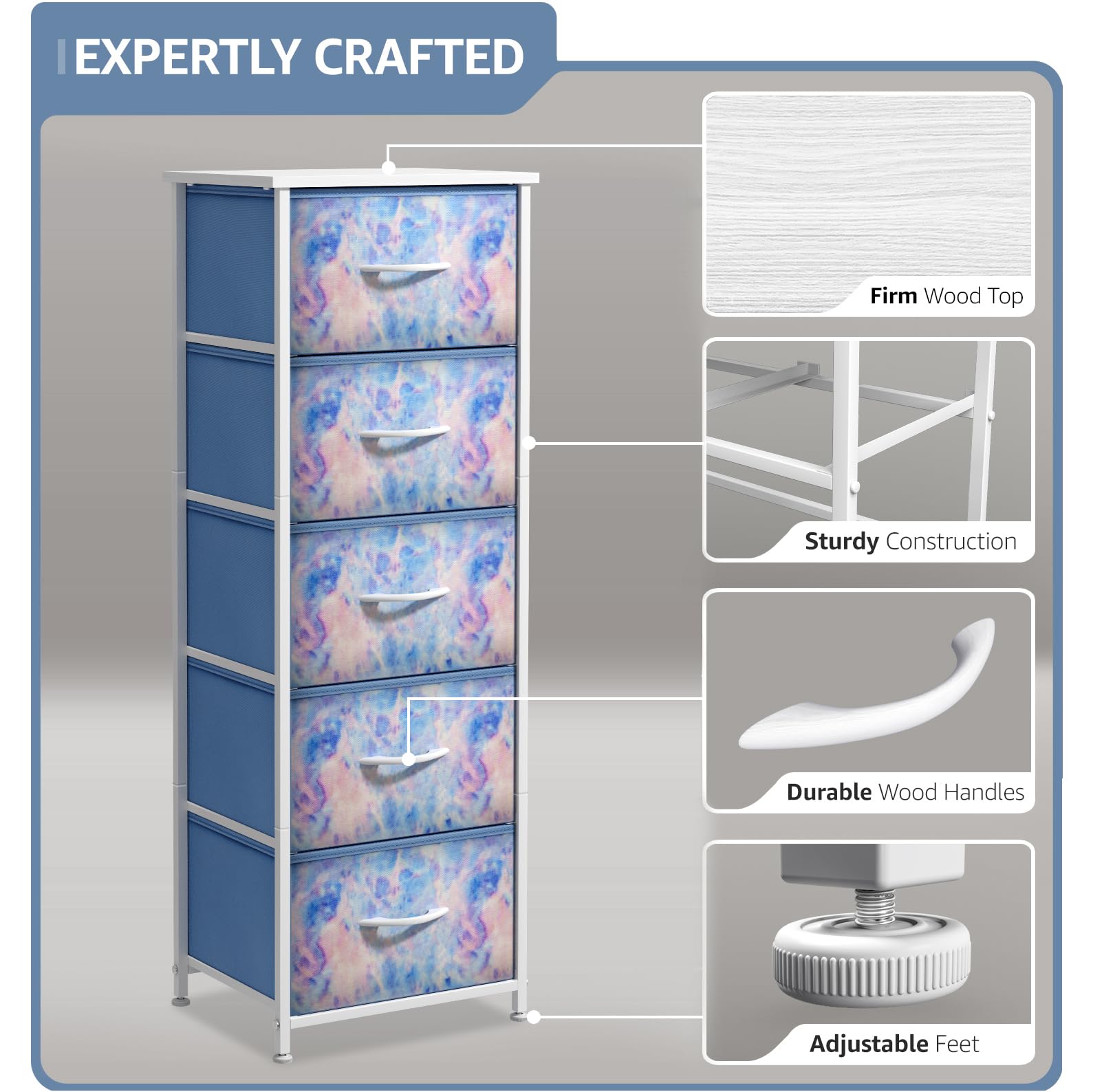 Sorbus fabric dresser steel-frame design supports durable, lightweight organization in any room.