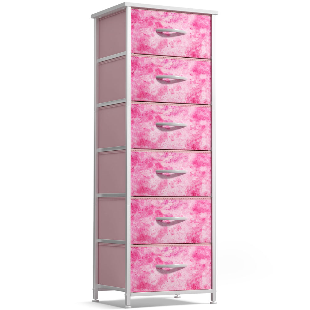 Sorbus fabric dresser tie-dye pink front view highlights roomy, accessible storage.
