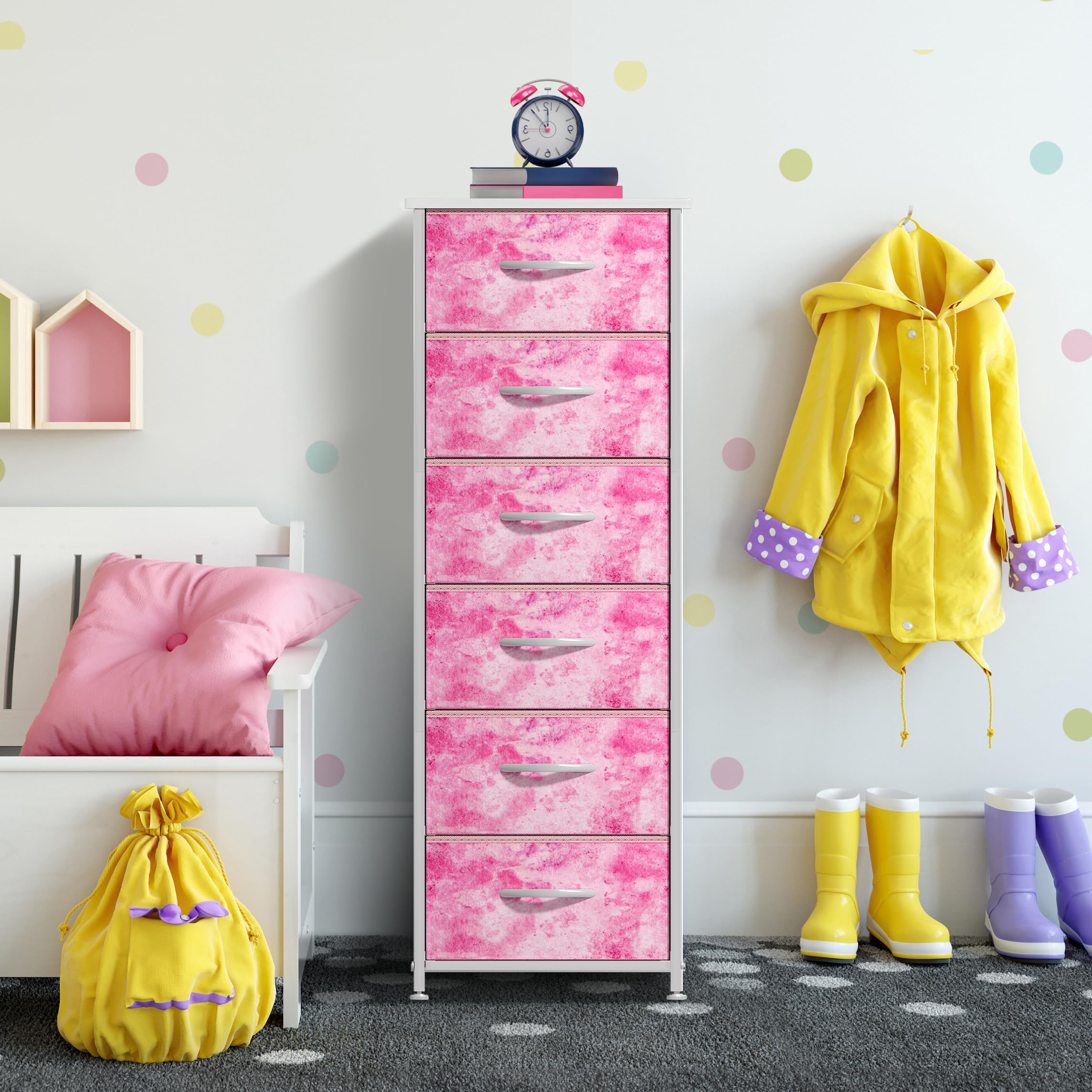 Sorbus fabric dresser tie-dye pink top surface designed for easy organization.