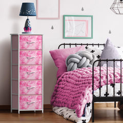 Sorbus fabric dresser with wood top displays lamp and clock for a tidy surface